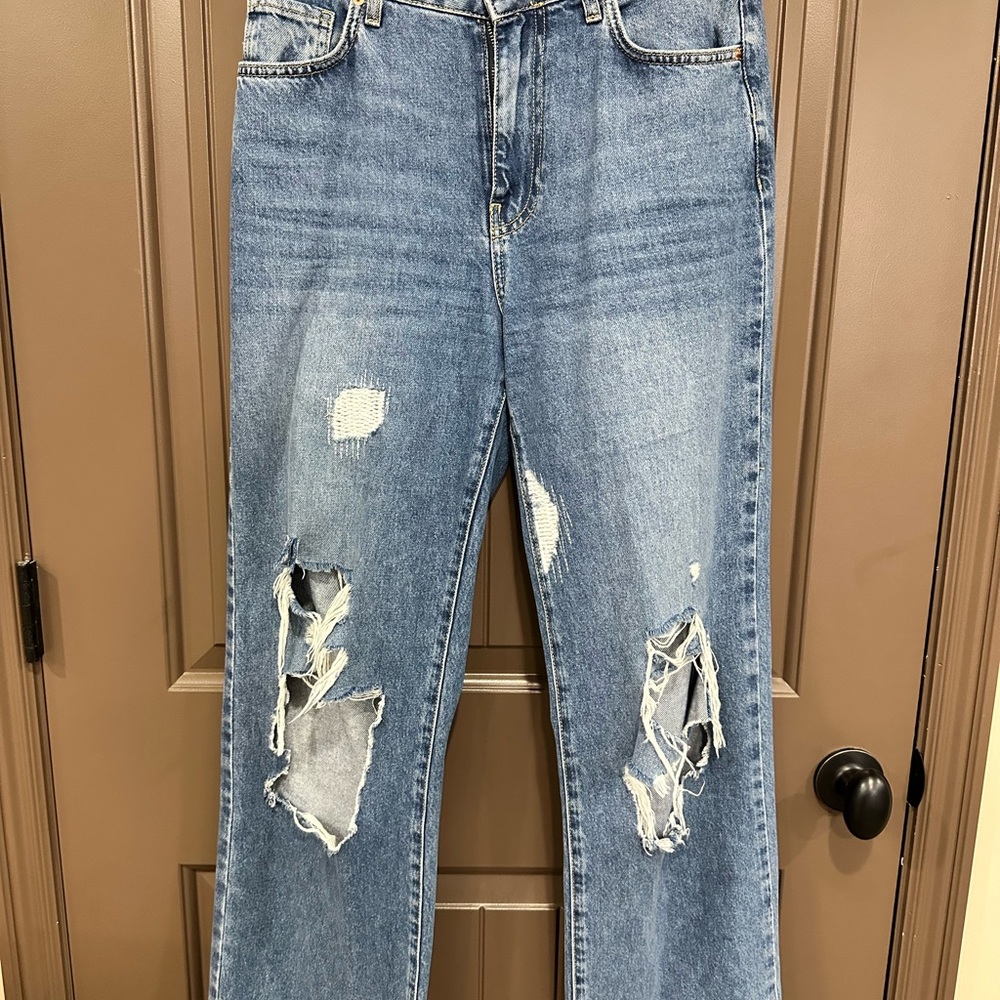 Forever 21 Light Blue Distressed Straight Leg Jeans